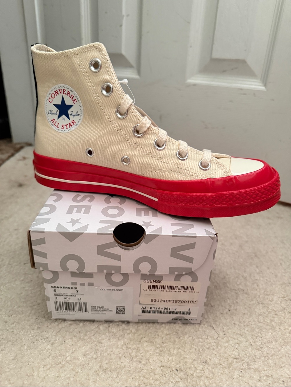 Converse High Top Sneaker in Cream Canvas with Red Platform Sole